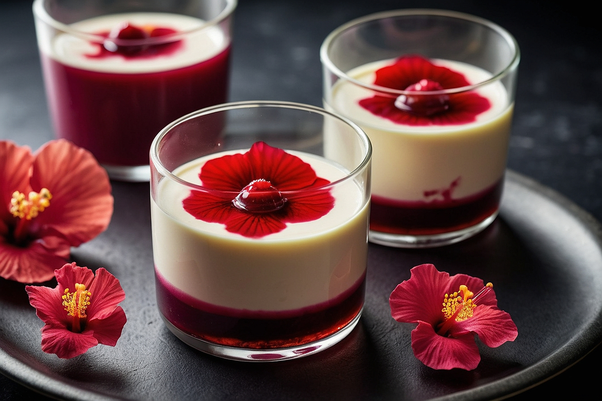 Velvety Jamaican Sorrel Panna Cotta with Ginger Syrup — Dessert served and photographed from above