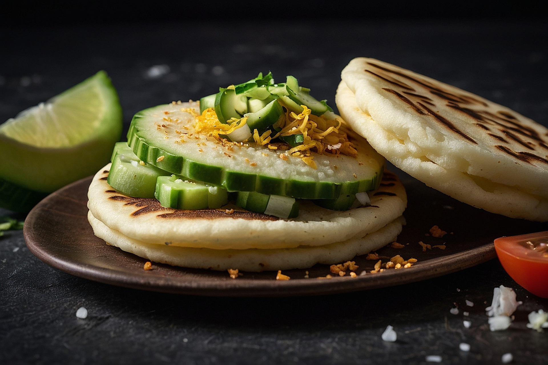 Overhead flat-lay of all ingredients for Venezuelan Arepa Reina Pepiada with Avocado Chicken Filling laid out on a kitchen surface.