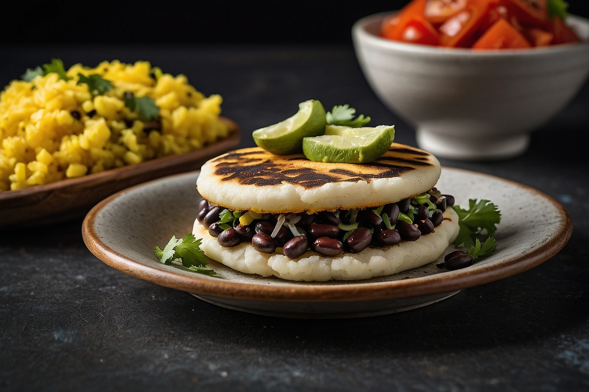 Overhead flat-lay of all ingredients for Venezuelan Black Bean Arepas with Avocado Salsa laid out on a kitchen surface.