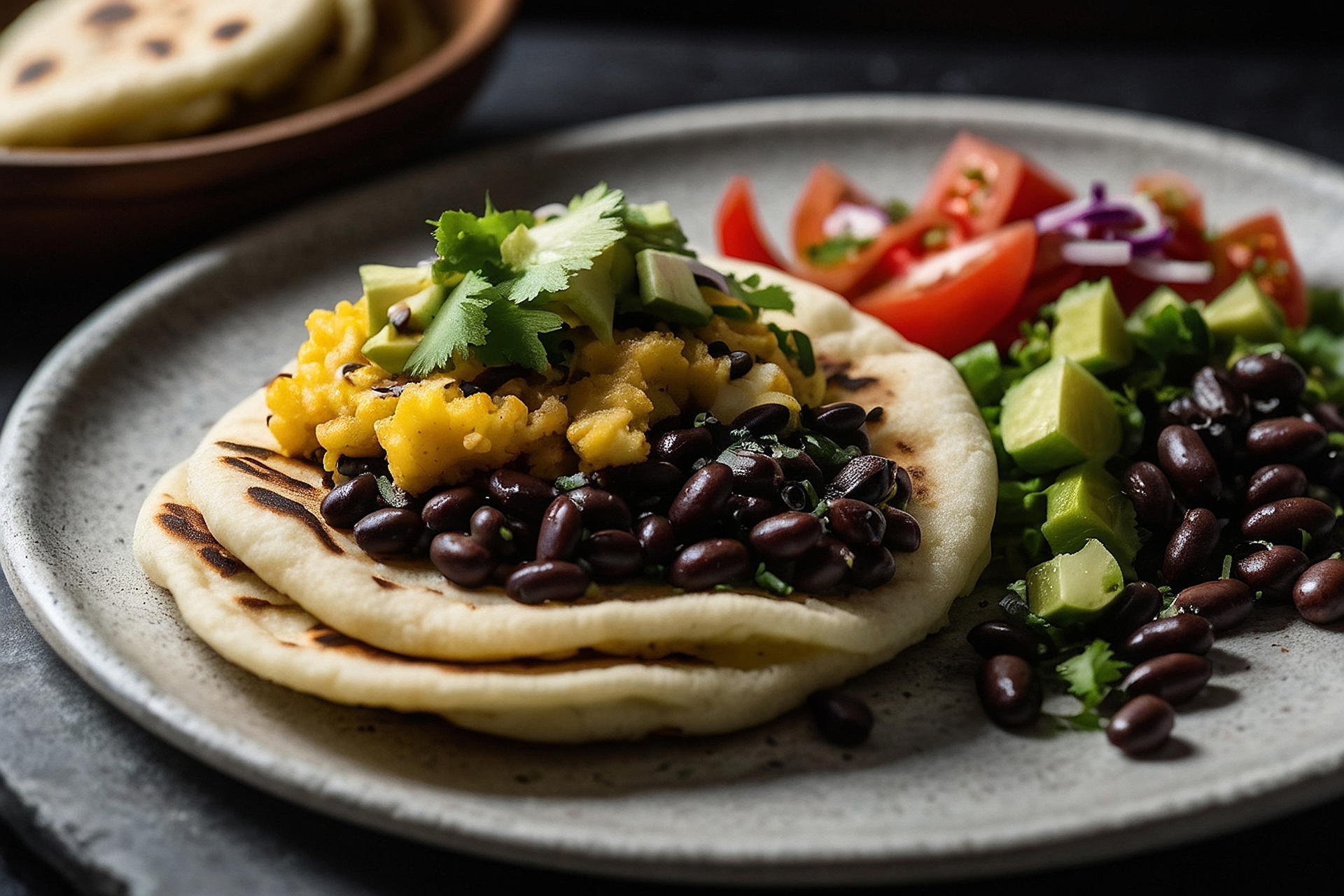 Venezuelan Black Bean Arepas with Avocado Salsa — Main Course served and photographed from above