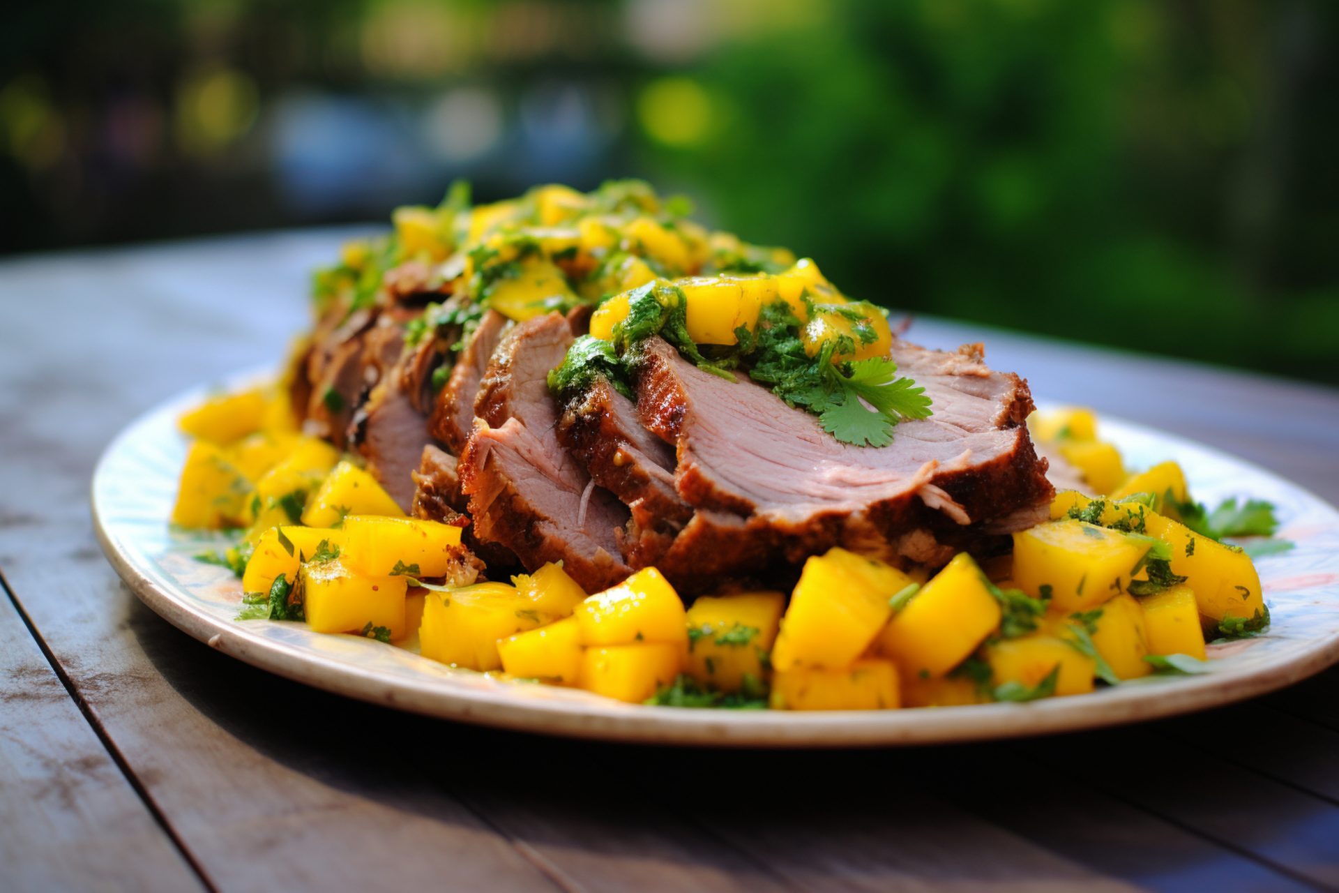 Venezuelan Pernil with Pineapple-Cilantro Salsa — Main Course served and photographed from above