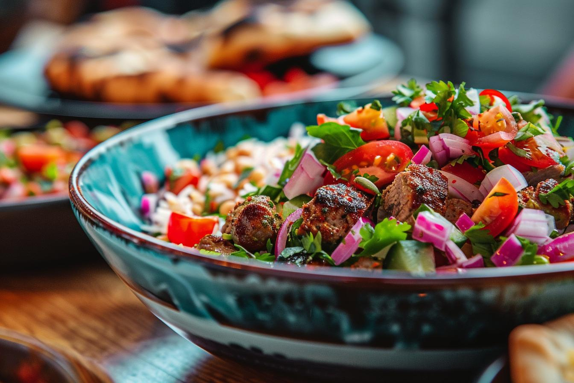 Overhead flat-lay of all ingredients for Vibrant Ethiopian Spicy Tibs Salad with Berbere and Mint laid out on a kitchen surface.