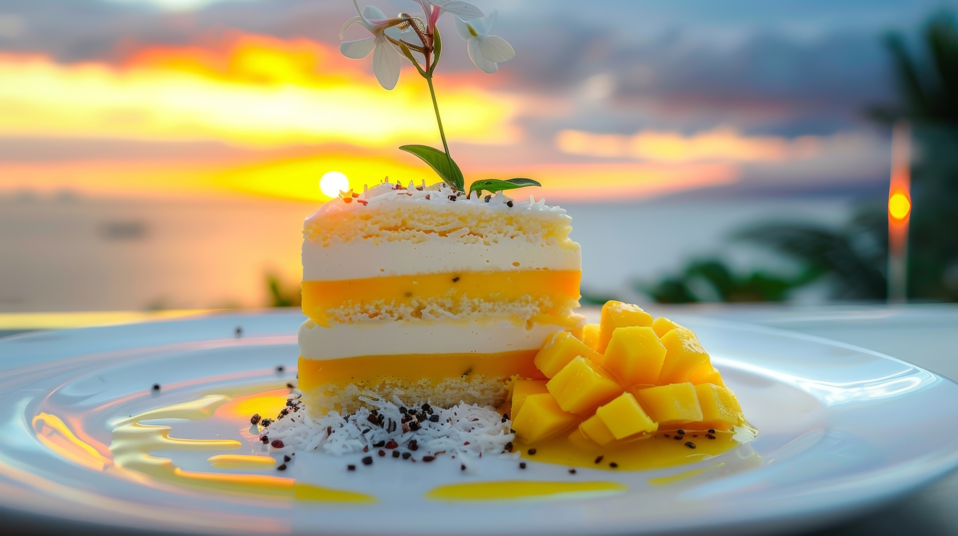 Vibrant Indian Mango Lassi Cheesecake with Coconut Cream — Dessert served and photographed from above