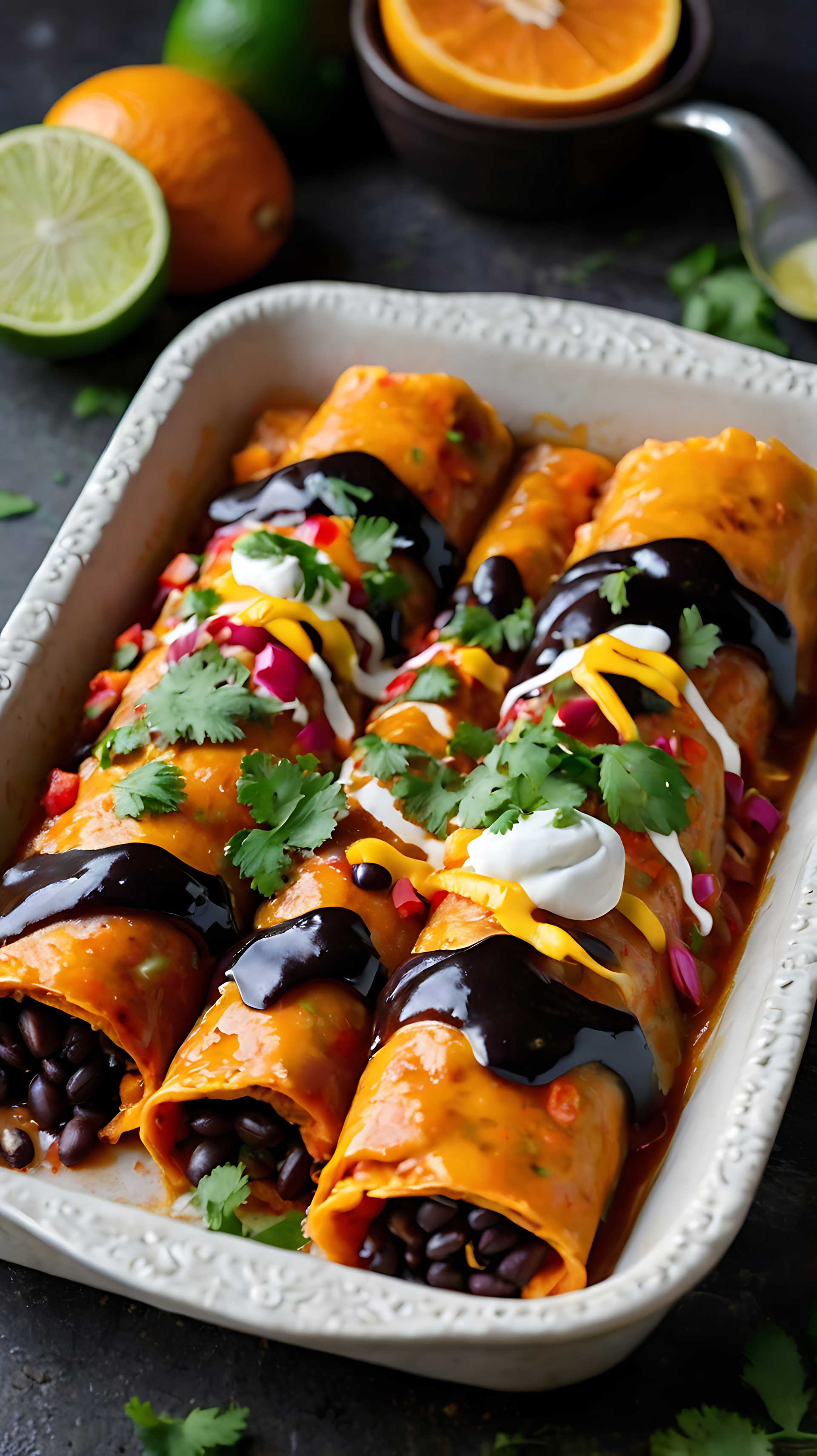 Overhead flat-lay of all ingredients for Vibrant Mexican Huitlacoche Enchiladas with Red Mole laid out on a kitchen surface.