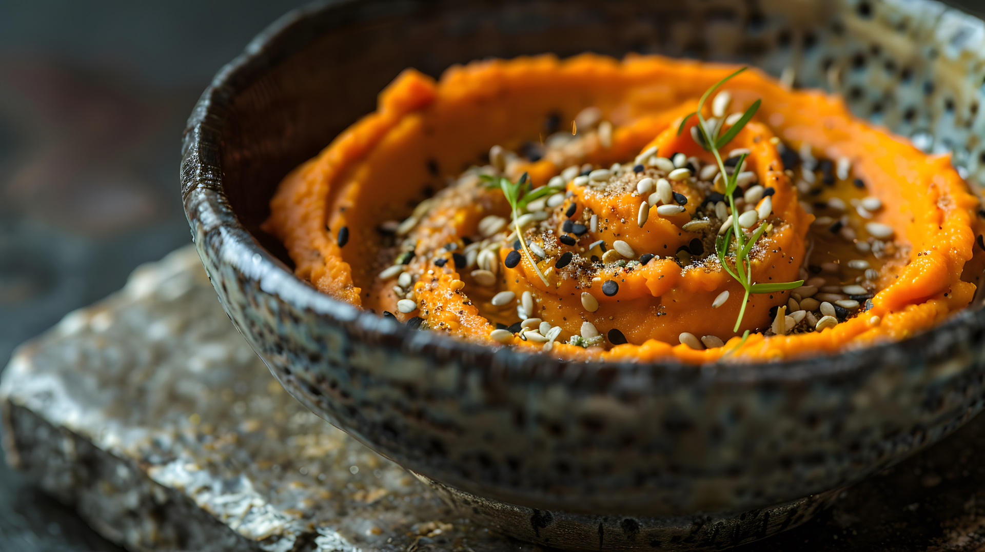 Overhead flat-lay of all ingredients for Vibrant Moroccan Spiced Carrot Dip with Dukkah Sprinkle laid out on a kitchen surface.