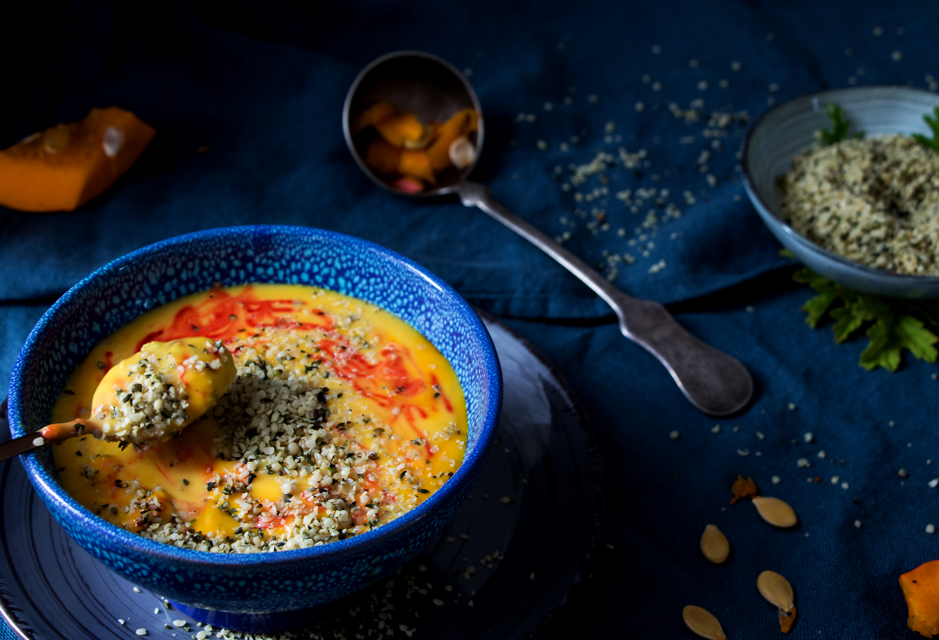 Vibrant Moroccan Za'atar Spiced Pumpkin Soup — Soup served and photographed from above