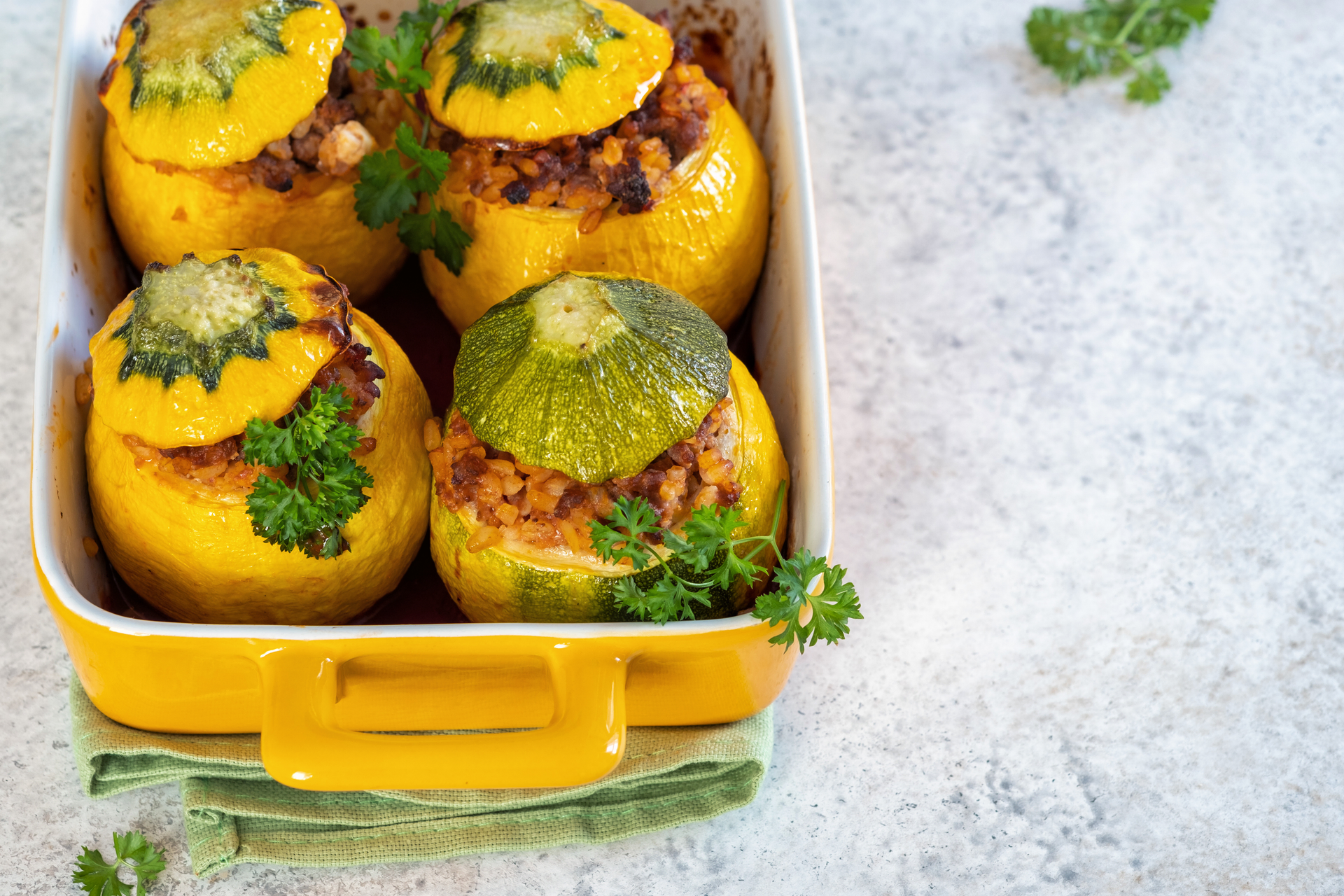 Overhead flat-lay of all ingredients for Vibrant Peruvian Causa Rellena with Avocado and Chicken laid out on a kitchen surface.