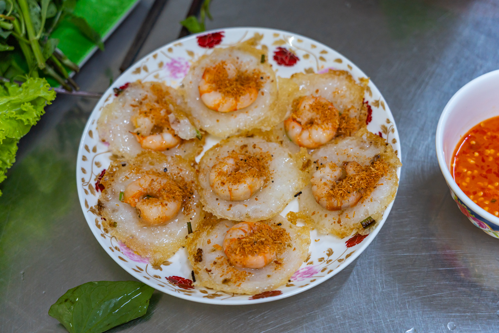 Overhead flat-lay of all ingredients for Vietnamese Bánh Bèo with Dried Shrimp Topping laid out on a kitchen surface.