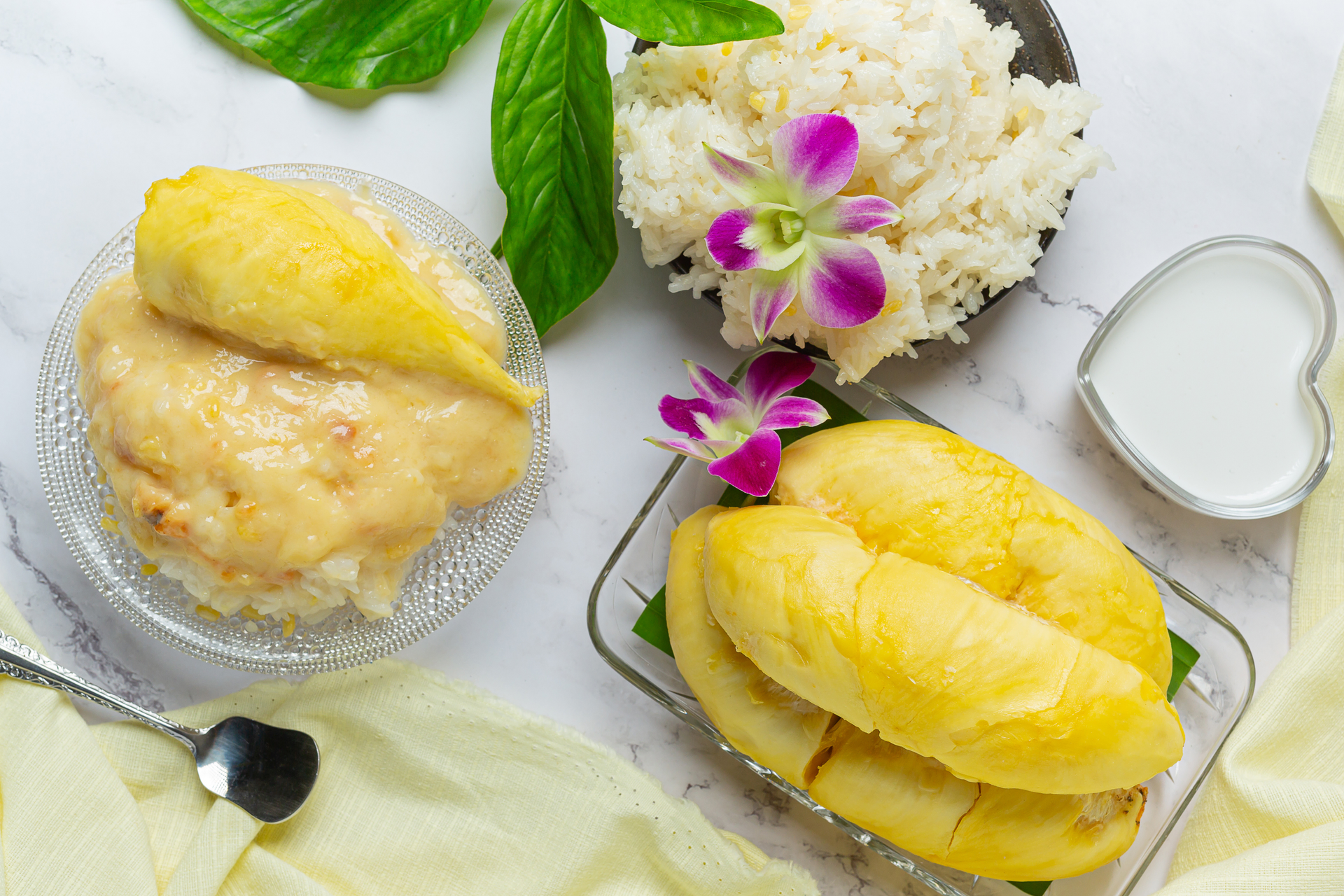 Overhead flat-lay of all ingredients for Vietnamese Banh Xeo with Turmeric and Coconut Milk laid out on a kitchen surface.
