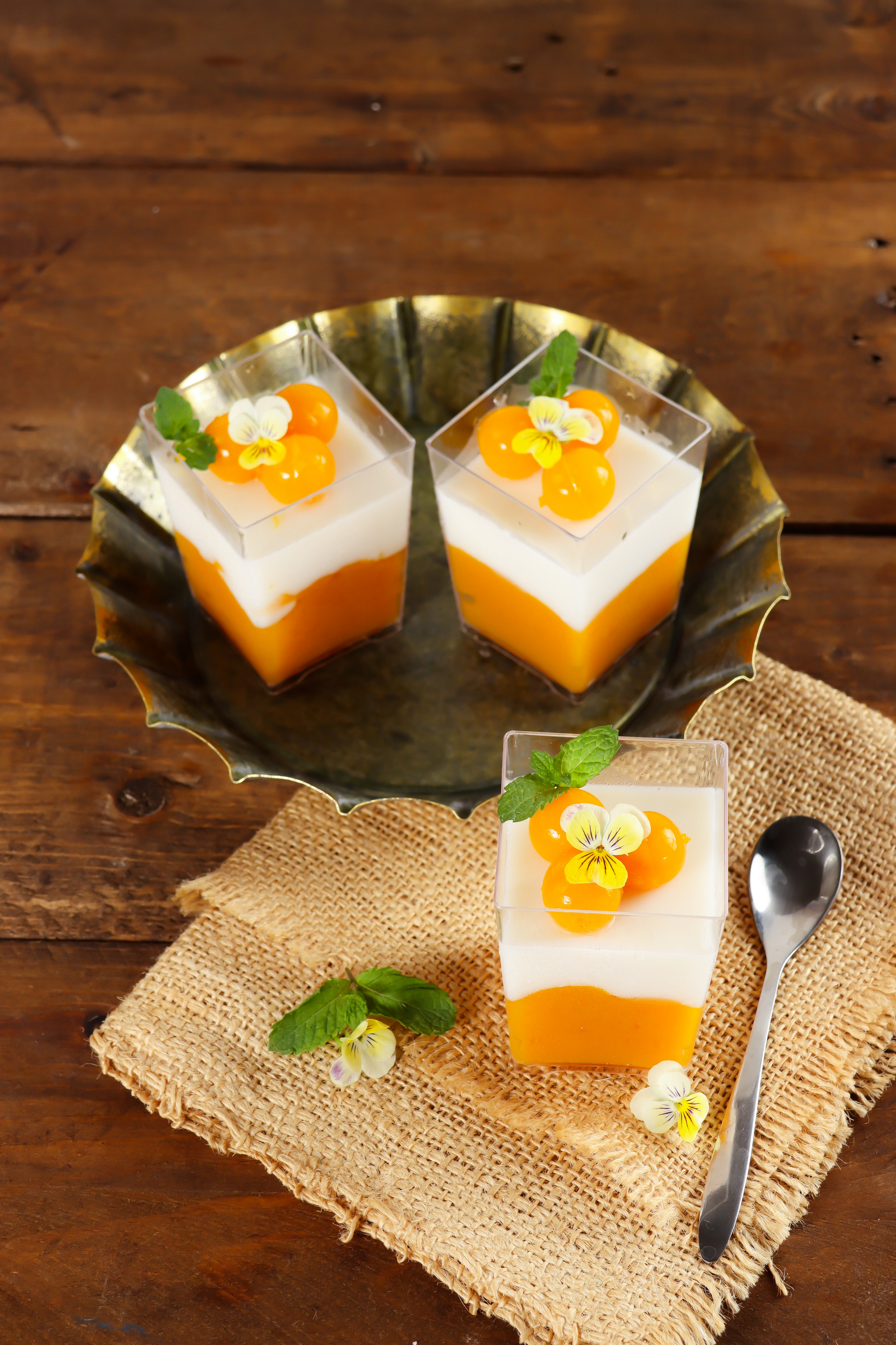 Overhead flat-lay of all ingredients for Vietnamese Peanut Coconut Pudding with Mango Sauce laid out on a kitchen surface.