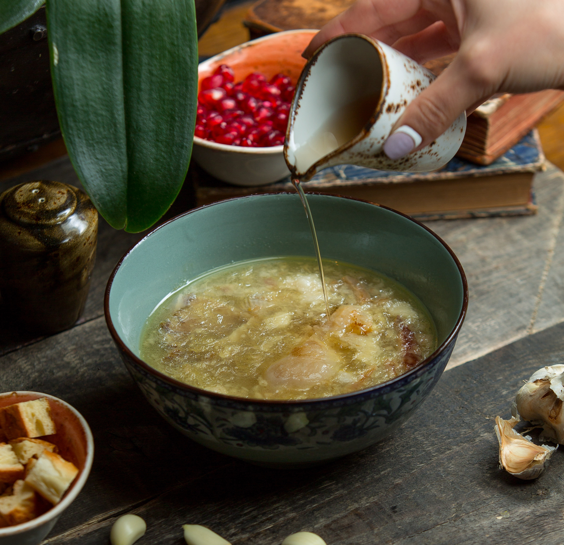 Overhead flat-lay of all ingredients for Vietnamese Pho with Star Anise Broth and Fresh Herbs laid out on a kitchen surface.