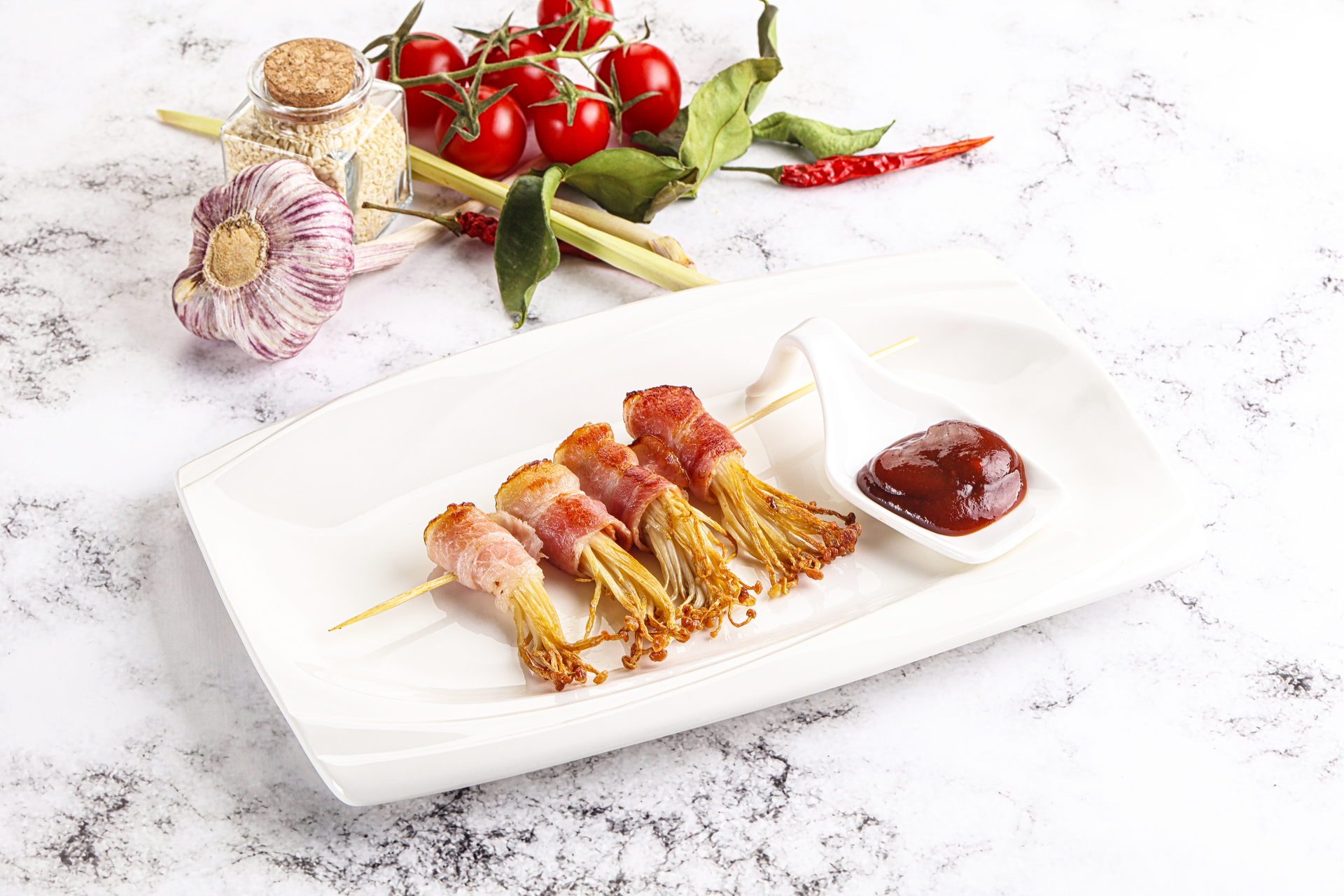 Vietnamese Sugarcane Shrimp Skewers with Sweet Chili Sauce — Appetizer served and photographed from above