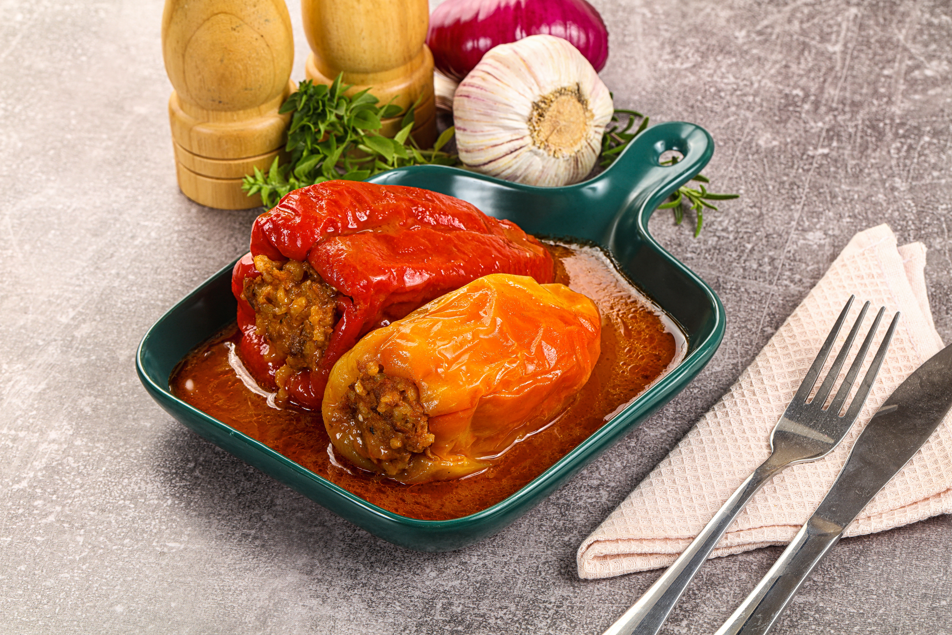 Warm Hungarian Töltött Káposzta with Tomato Sauce — Main Course served and photographed from above