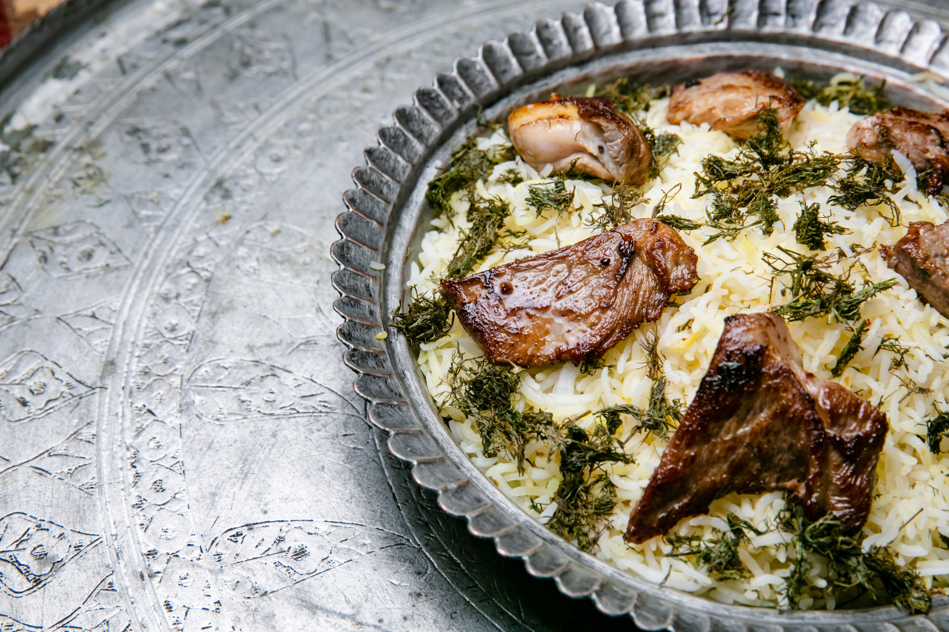 Yemeni Zurbian Rice with Saffron and Lamb — Main Course served and photographed from above