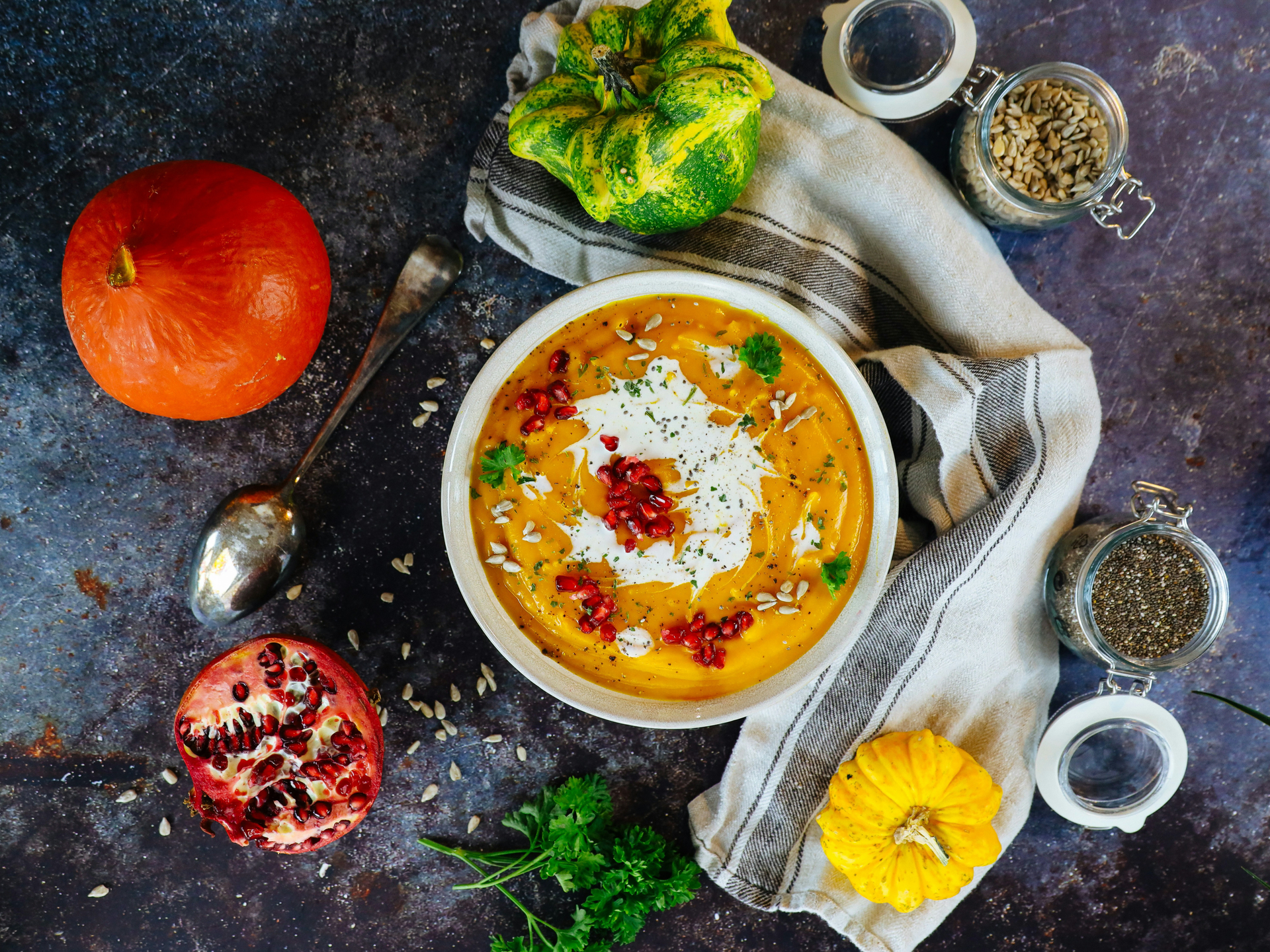Zesty Armenian Lentil Soup with Sumac and Fresh Herbs — Soup served and photographed from above