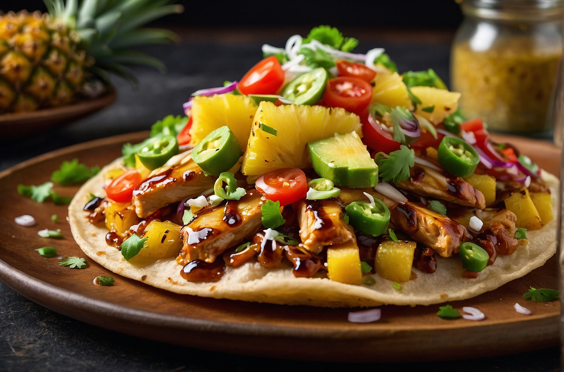 Overhead flat-lay of all ingredients for Zesty Caribbean Jerk Cauliflower Tacos with Pineapple Salsa laid out on a kitchen surface.