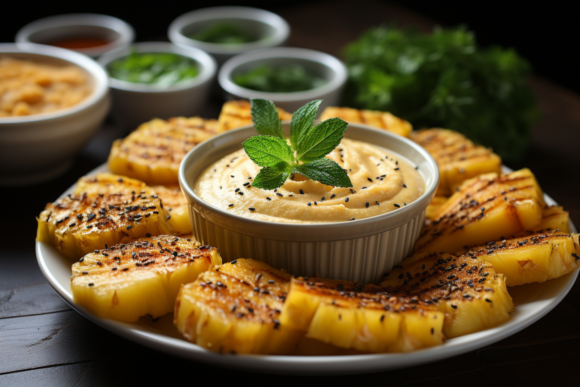 Zesty Caribbean Pineapple Jerk Hummus with Plantain Chips — Appetizer served and photographed from above