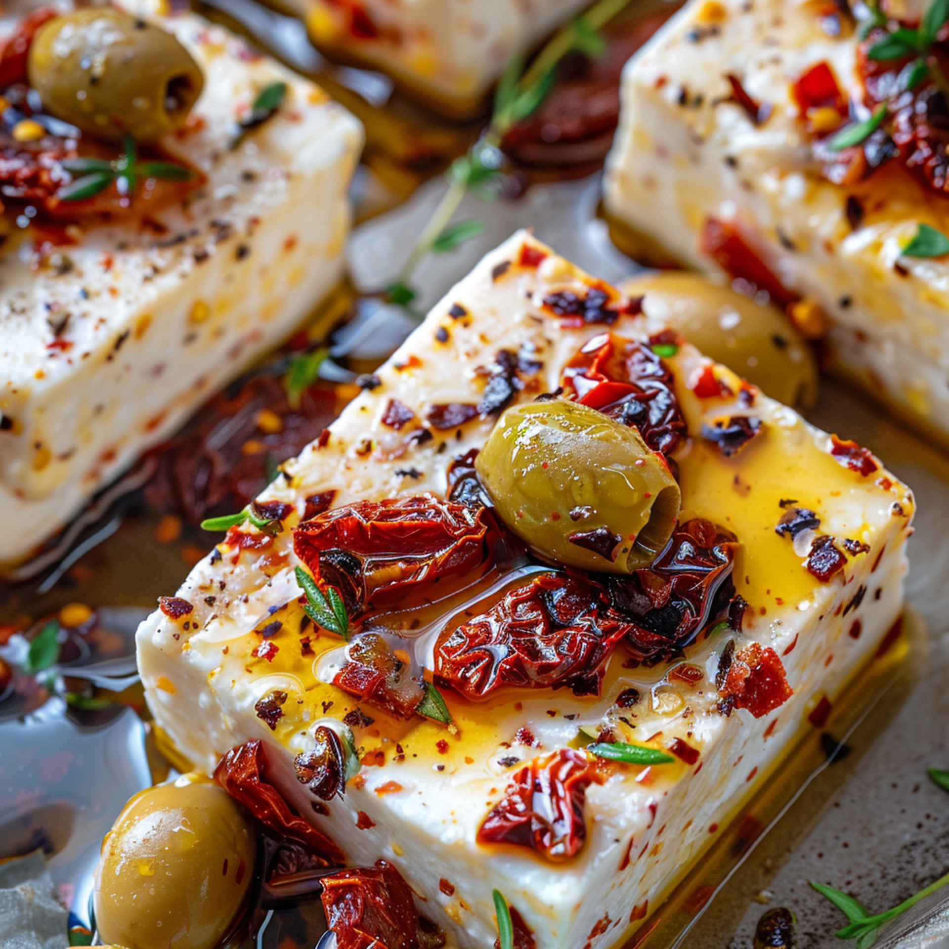 Overhead flat-lay of all ingredients for Zesty Cypriot Halloumi Saganaki with Black Olive Tapenade laid out on a kitchen surface.
