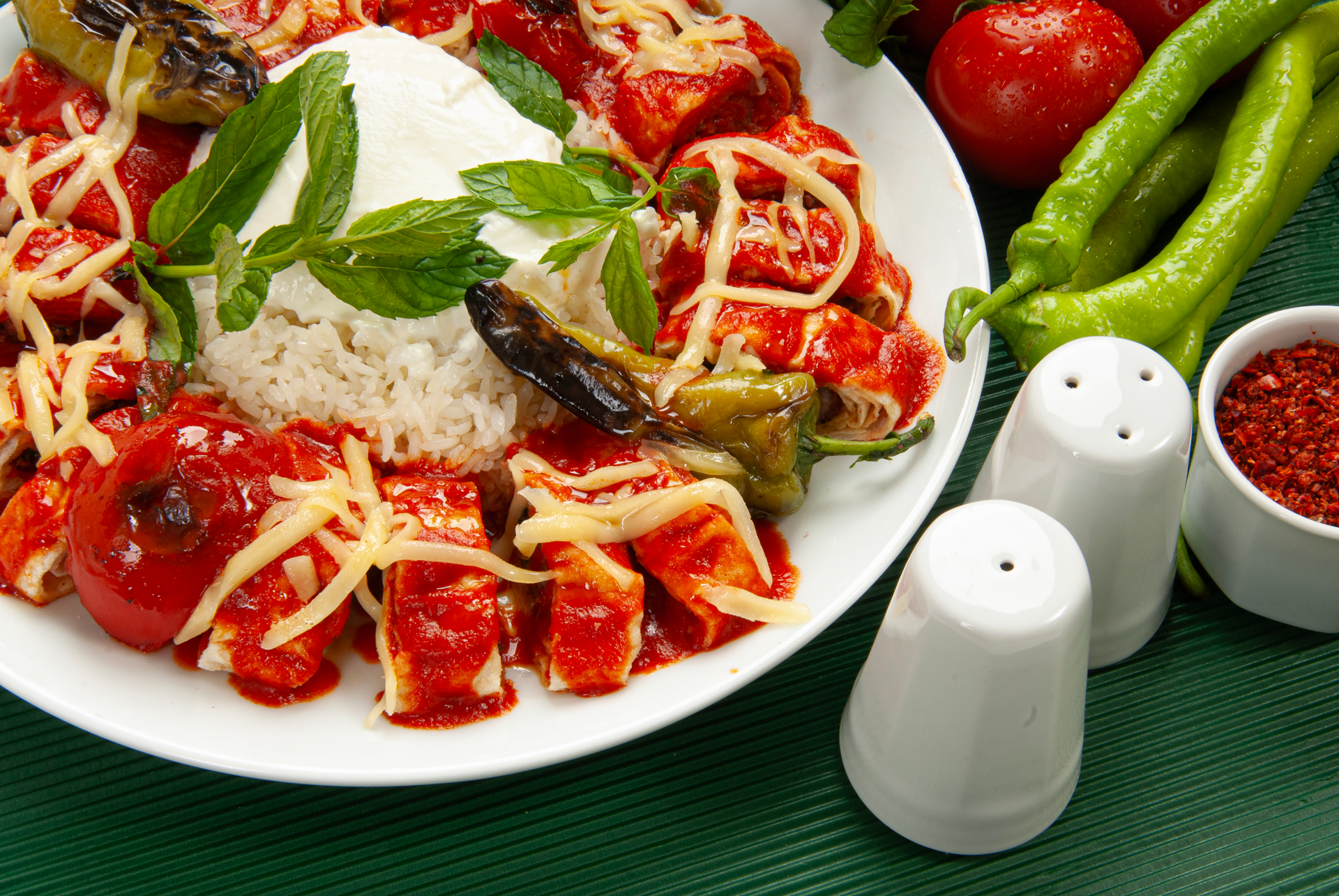 Zesty Kenyan Ugali with Sukuma Wiki and Tomatoes — Main Course served and photographed from above