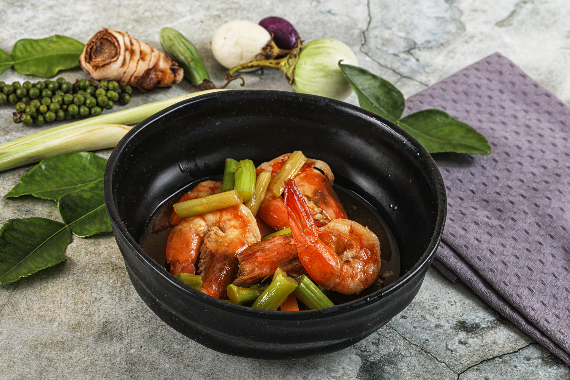 Overhead flat-lay of all ingredients for Zesty Korean Gochujang Shrimp Stir-Fry with Snow Peas laid out on a kitchen surface.