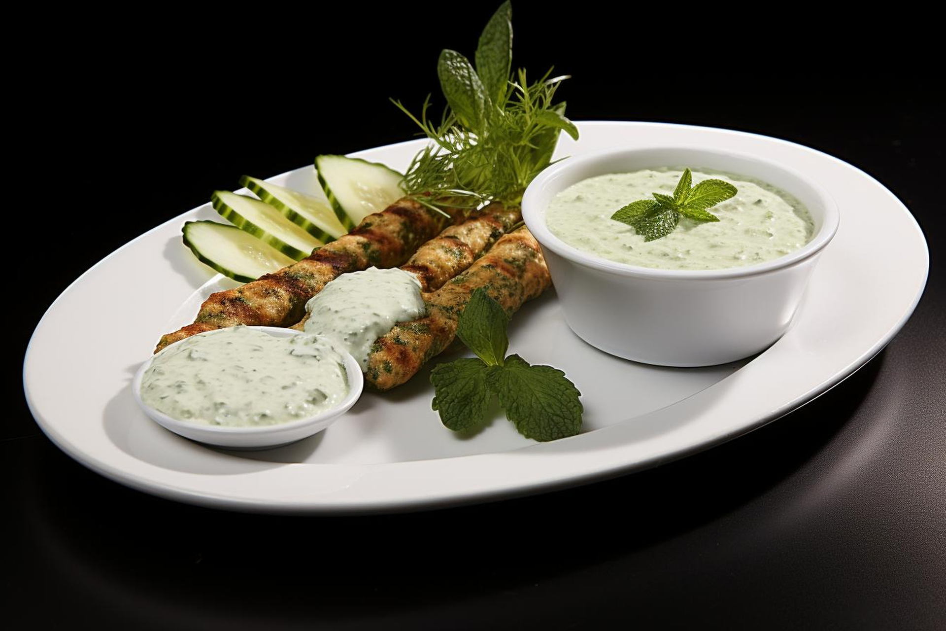 Overhead flat-lay of all ingredients for Zesty Lebanese Kafta with Minted Yogurt Sauce laid out on a kitchen surface.