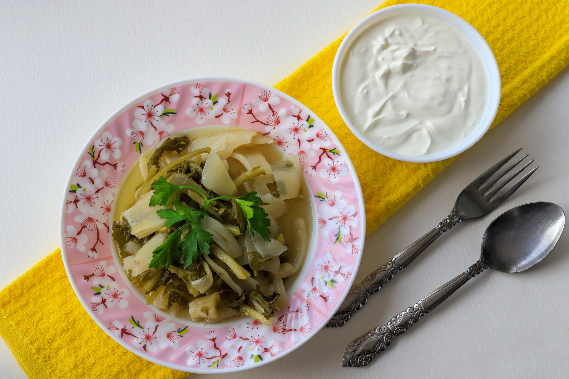 Zesty Lebanese Pine Nut Pesto Bowties with Minted Yogurt — Main Course served and photographed from above