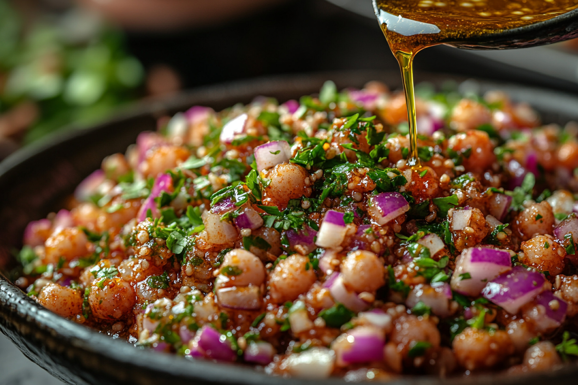 Overhead flat-lay of all ingredients for Zesty Pakistani Chana Chaat with Tamarind Sauce laid out on a kitchen surface.