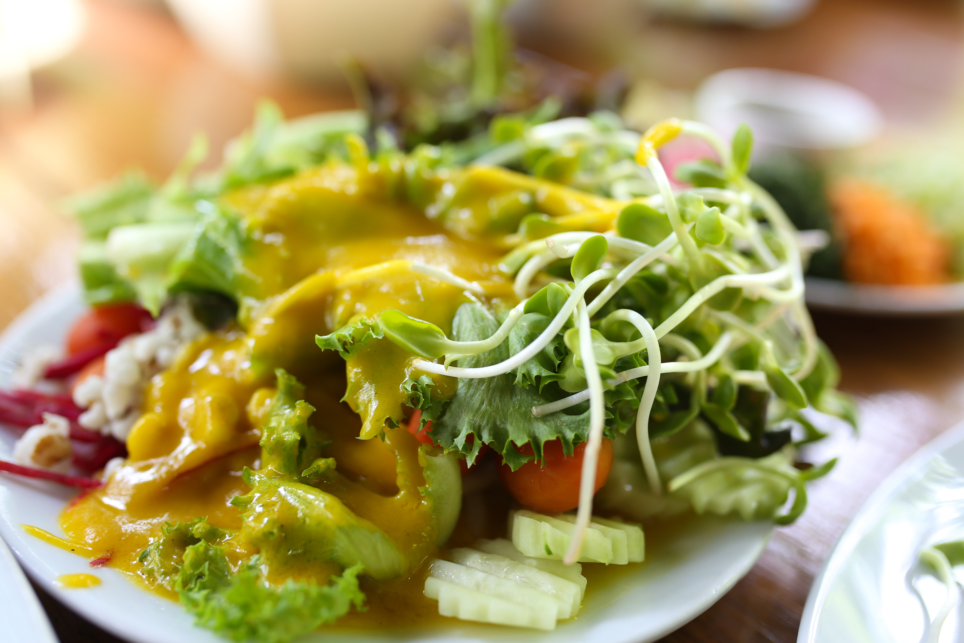 Zesty Peruvian Choclo Salad with Cilantro and Lime Dressing — Salad served and photographed from above