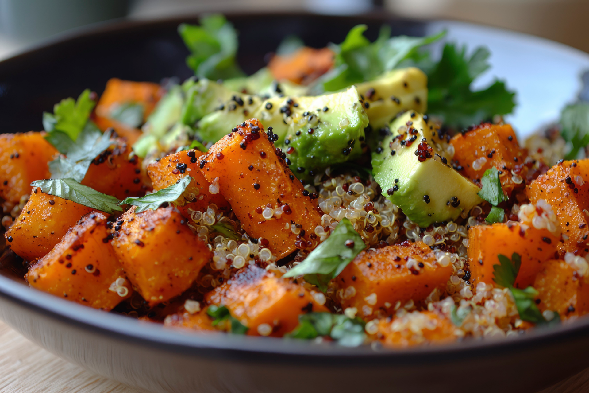 Overhead flat-lay of all ingredients for Zesty Peruvian Sweet Potato Quinoa Bowl with Lime-Cilantro Dressing laid out on a kitchen surface.