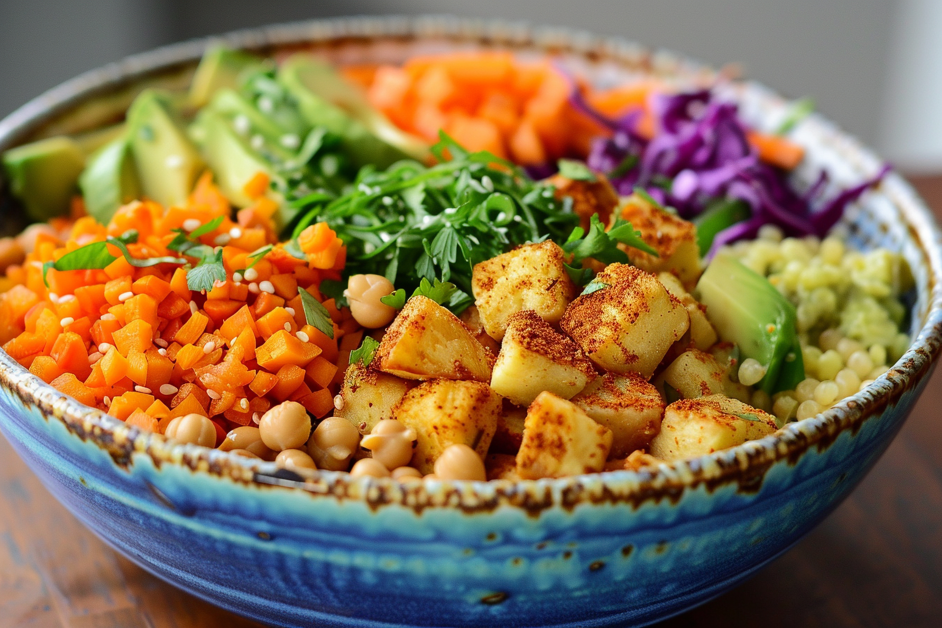 Zesty Peruvian Sweet Potato Quinoa Bowl with Lime-Cilantro Dressing — Main Course served and photographed from above