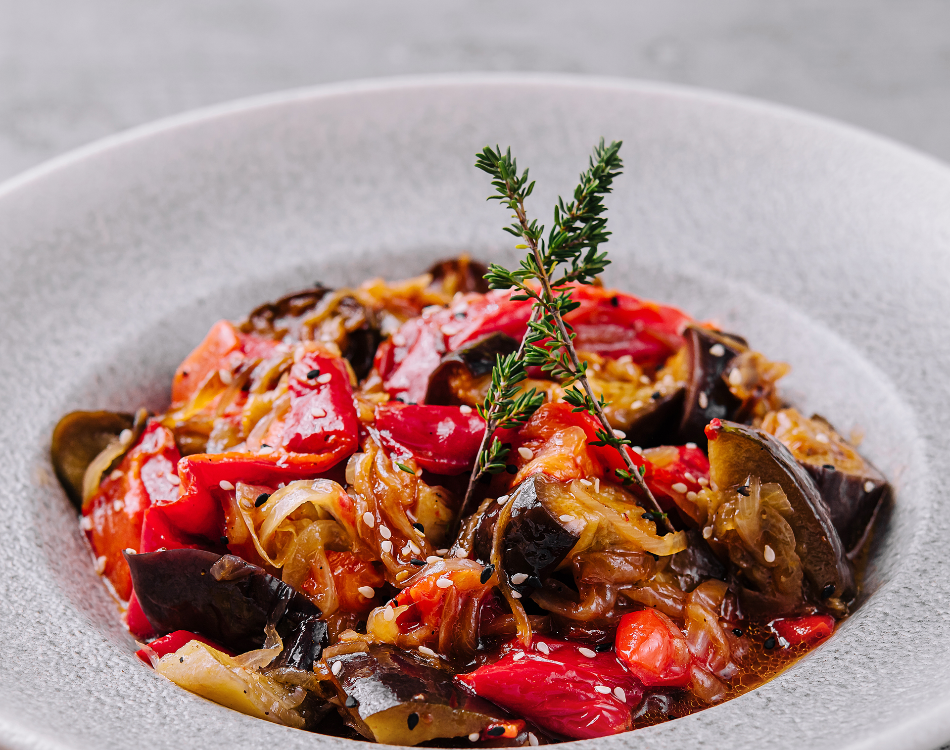 Zesty Sicilian Caponata with Balsamic Glaze — Appetizer served and photographed from above