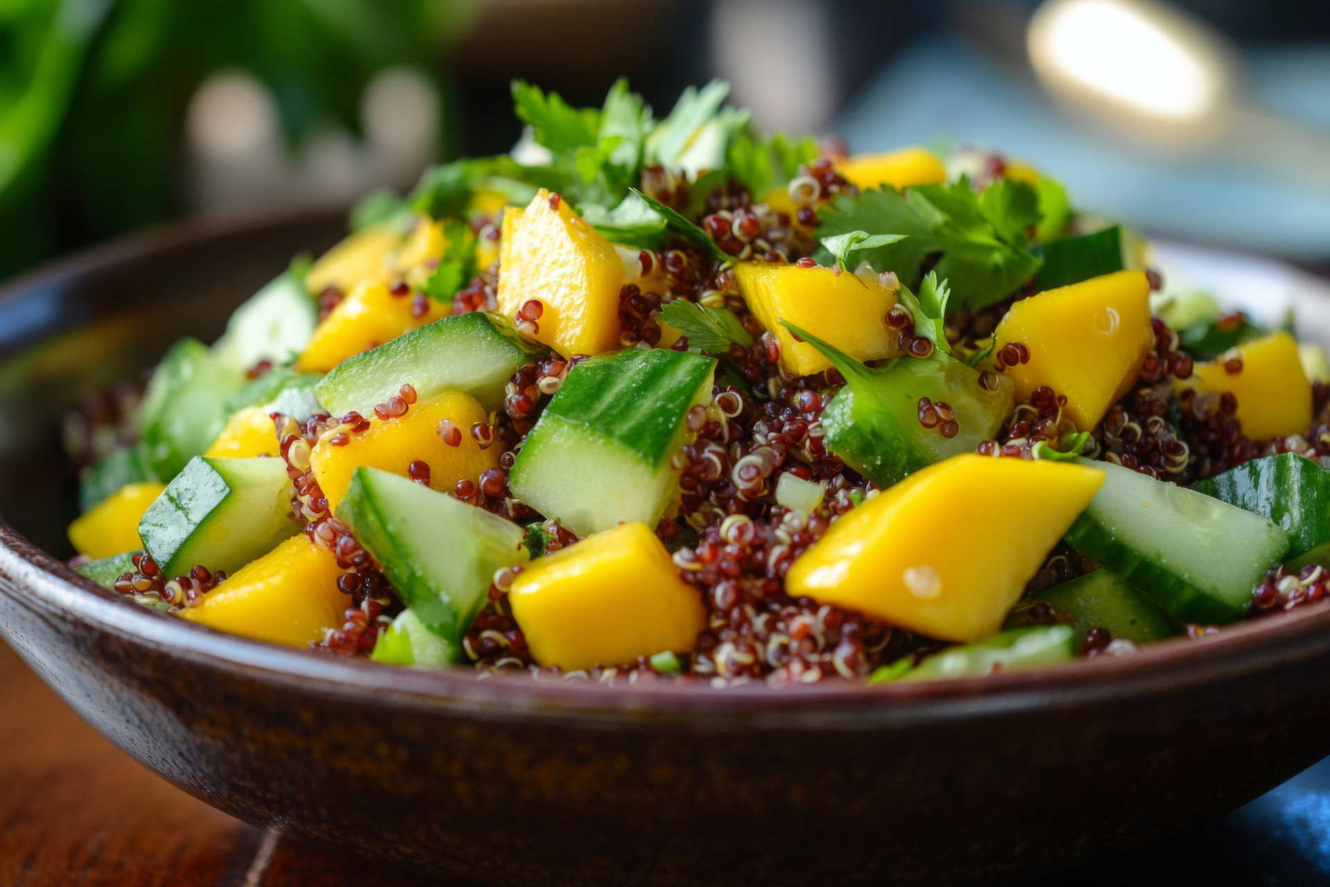 Overhead flat-lay of all ingredients for Zingy Jamaican Jerk Quinoa Salad with Mango and Cilantro laid out on a kitchen surface.